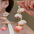 Sweet Fabric Flower Tassel Pearl Drop Earrings For Women Fashion Floral Ear Hook Jewelry view 4
