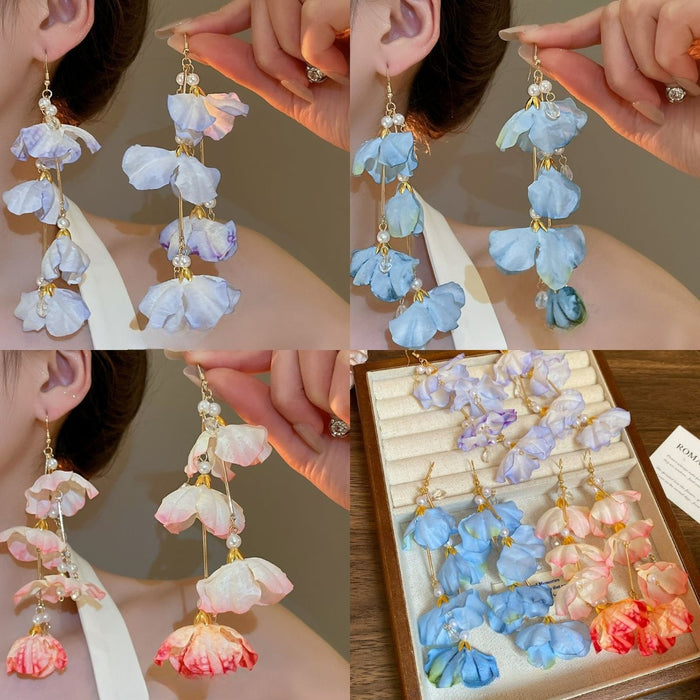 Sweet Fabric Flower Tassel Pearl Drop Earrings For Women Fashion Floral Ear Hook Jewelry