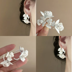 White Faux Pearl Flower C Shape Stud Earrings French Chic Floral Petal Office Jewelry