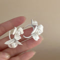 White Faux Pearl Flower C Shape Stud Earrings French Chic Floral Petal Office Jewelry view 3