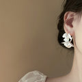 White Faux Pearl Flower C Shape Stud Earrings French Chic Floral Petal Office Jewelry view 4