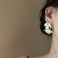 White Faux Pearl Flower C Shape Stud Earrings French Chic Floral Petal Office Jewelry view 2
