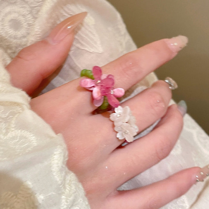 Glass Bead Resin Flower Beaded Ring For Women