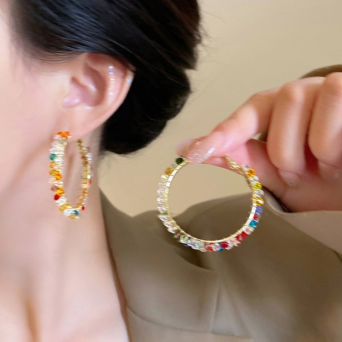 Metal Silver Needle Colorful Crystal Wrapped Letter Hoop Earrings Korean Fashion Niche Design