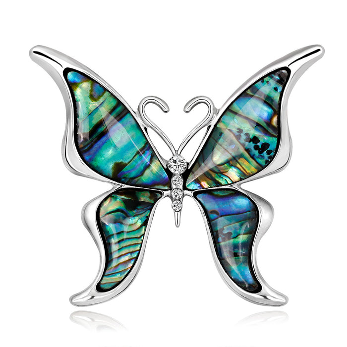 Aqua Silver Tone Butterfly Shell Metal Brooch Pin for Jackets and Lapels