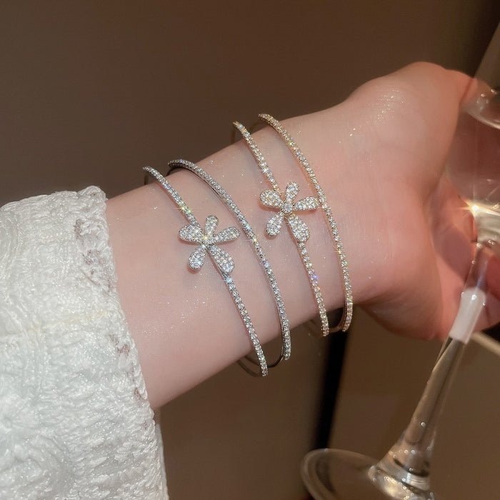 Copper Zircon Flower Double Layer Open Bangle For Women Light Luxury Fashion OL Jewelry