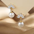 Korean Style Sparkling French Sweet Flower Earrings With Faux Pearl Petal Stud Design view 1