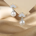 Korean Style Sparkling French Sweet Flower Earrings With Faux Pearl Petal Stud Design view 5