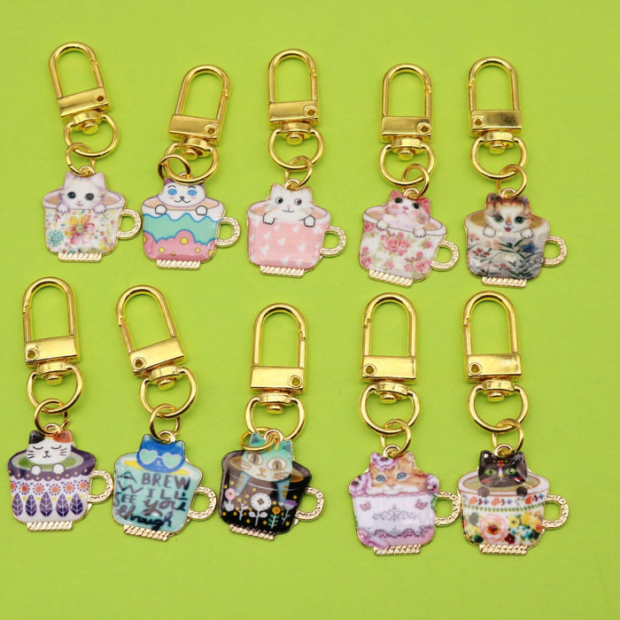 Zinc Alloy Enamel Cup Cat Keychain Phone Bag Charm Gift