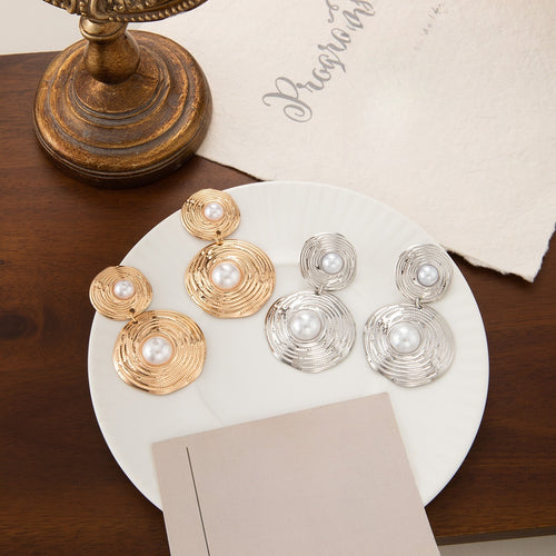 Vintage Luxury Textured Gold Alloy Double Round Disc Faux Pearl Drop Statement Stud Earrings