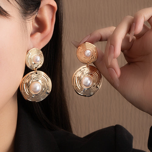 Vintage Luxury Textured Gold Alloy Double Round Disc Faux Pearl Drop Statement Stud Earrings
