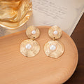 Vintage Luxury Textured Gold Alloy Double Round Disc Faux Pearl Drop Statement Stud Earrings view 4