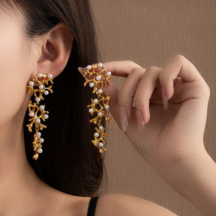 Luxury Irregular Gold Alloy Coral Branch Pearl Long Statement Drop Stud Earrings