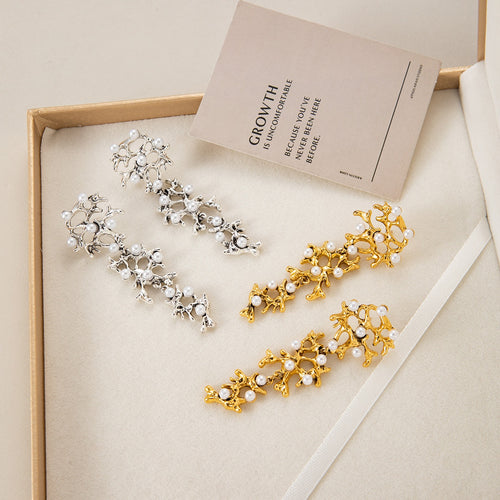 Luxury Irregular Gold Alloy Coral Branch Pearl Long Statement Drop Stud Earrings