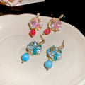 Silver Needle Pearl Colorful Glass Stone Butterfly Stud Earrings Light Luxury Women Jewelry view 2