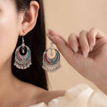Vintage Ethnic Miao Silver Alloy Crescent Tassel Bell Hook Dangle Earrings For Women Travel Bohemian Earrings view 2