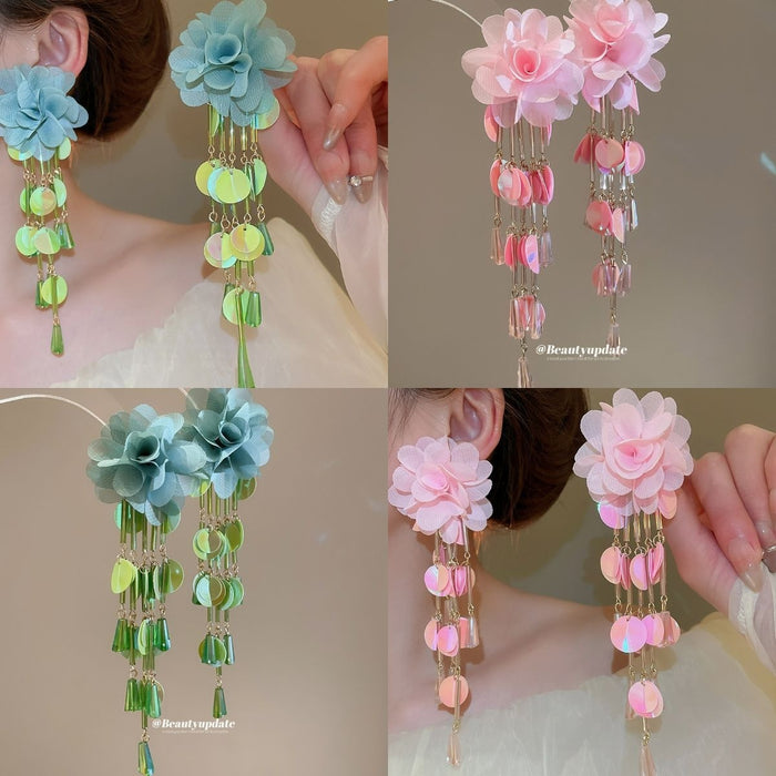 Chiffon Fabric Flower Sequin Tassel Drop Earrings With Silver Pins For Elegant Vacation Style