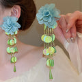 Chiffon Fabric Flower Sequin Tassel Drop Earrings With Silver Pins For Elegant Vacation Style view 4