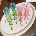 Chiffon Fabric Flower Sequin Tassel Drop Earrings With Silver Pins For Elegant Vacation Style view 3