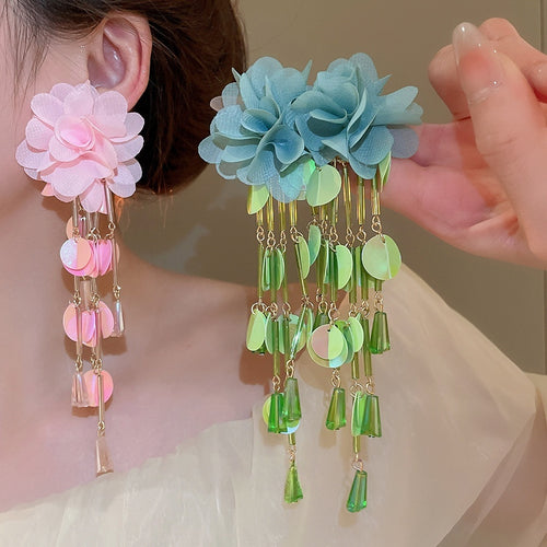 Chiffon Fabric Flower Sequin Tassel Drop Earrings With Silver Pins For Elegant Vacation Style