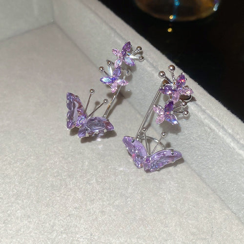 Purple Zircon Butterfly Copper Clip-On Earrings Sweet Elegant Non-Pierced Ear Cuff Jewelry For Women