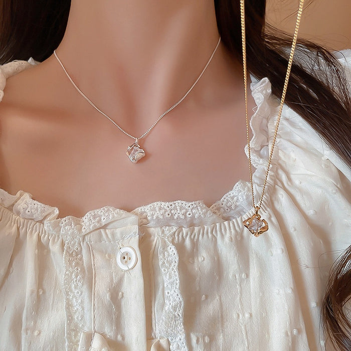 18K Gold Plated Copper Zircon Hollow Square Pendant Necklace Light Luxury Vintage Collarbone Chain