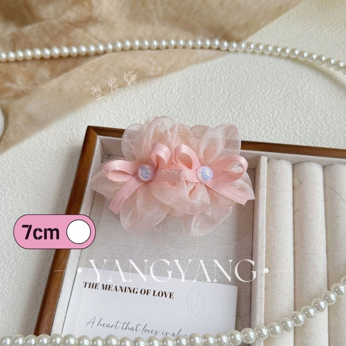 Mesh Flower Pearl Bow Hair Clip Luxury 7cm Side Barrette