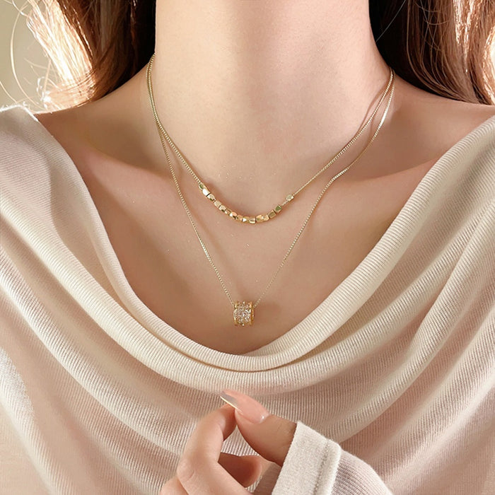 18K Gold Plated Copper Zircon Double Layer Round Pendant Necklace Light Luxury Collarbone Chain