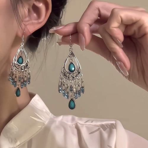 Ethnic Style Alloy Rhinestone Teardrop Tassel Drop Earrings Vintage Light Luxury Ear Hooks
