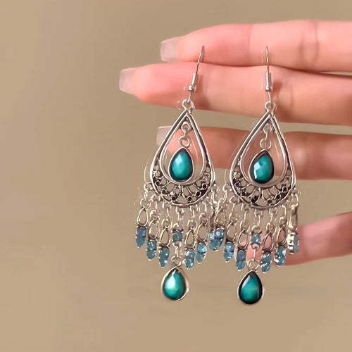 Ethnic Style Alloy Rhinestone Teardrop Tassel Drop Earrings Vintage Light Luxury Ear Hooks