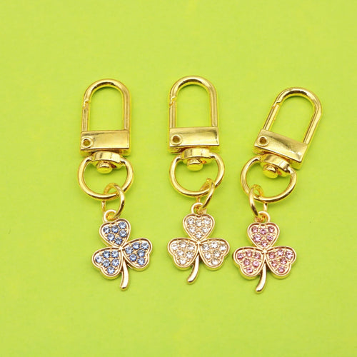 Zinc Alloy Enamel Rhinestone Four Leaf Clover Keychain Bag Charm