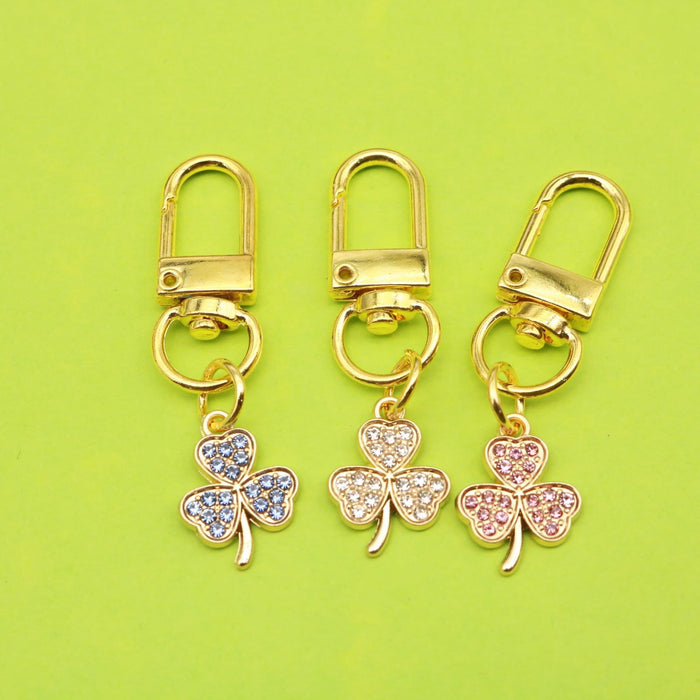 Zinc Alloy Enamel Rhinestone Four Leaf Clover Keychain Bag Charm