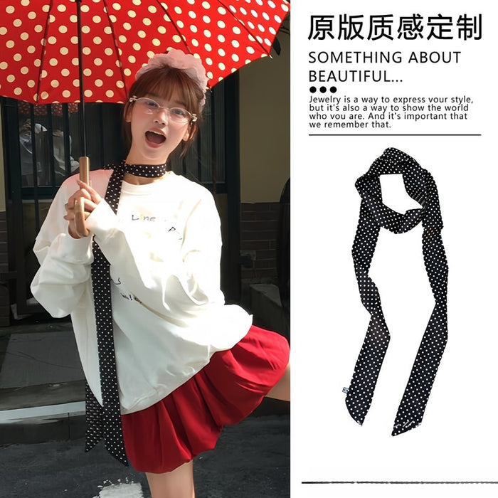 French Black White Spotted Cloth Scarf Necklace, Minimal Long Skinny Neck Tie For Women