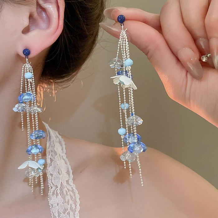 Acrylic Flower Tassel Drop Earrings With Silver Pins, Resort Style Elegant Floral Jewelry