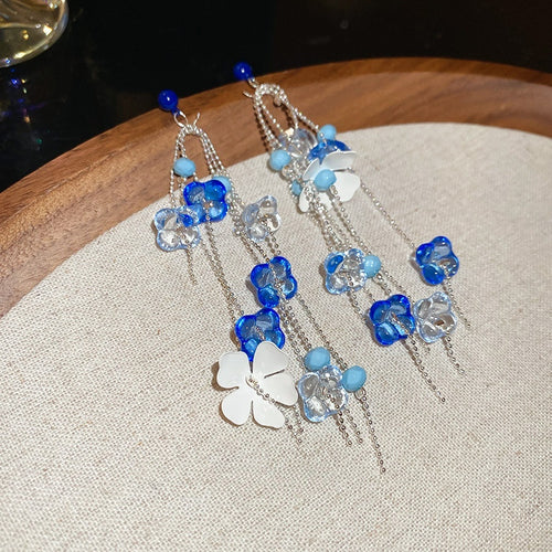 Acrylic Flower Tassel Drop Earrings With Silver Pins, Resort Style Elegant Floral Jewelry