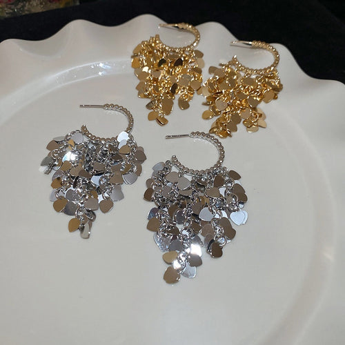 Chic Vintage Metal Heart Sequin Tassel C-Shaped Drop Earrings With Silver Pin