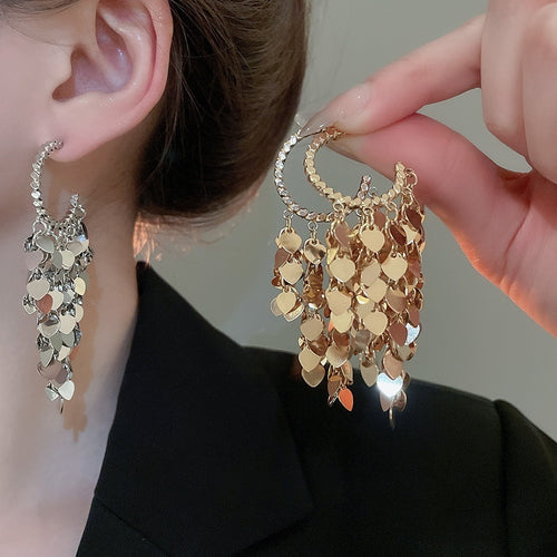 Chic Vintage Metal Heart Sequin Tassel C-Shaped Drop Earrings With Silver Pin