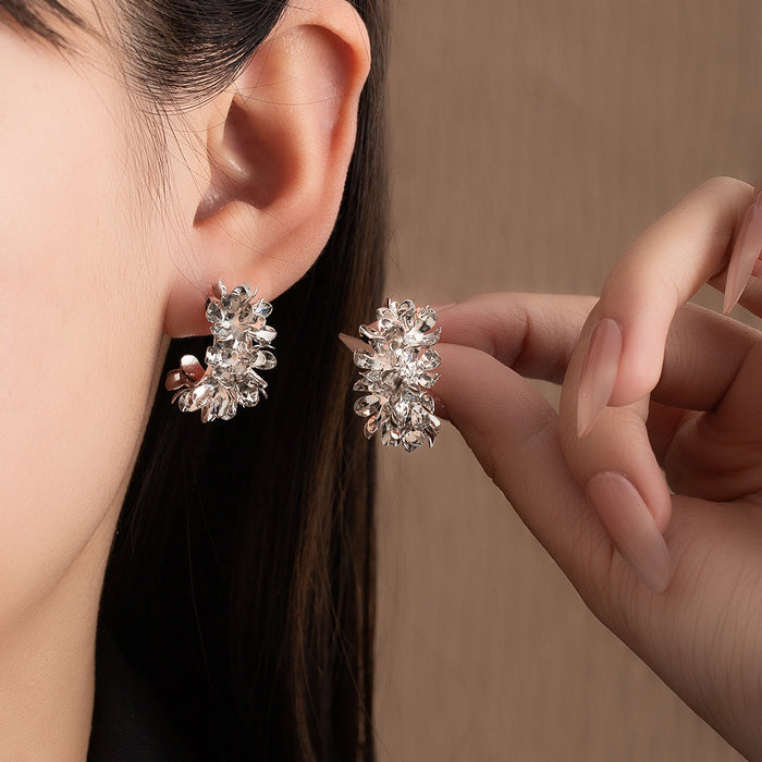 Elegant French Court Vintage Silver Alloy Irregular Floral Rhinestone Crystal Statement Stud Earrings