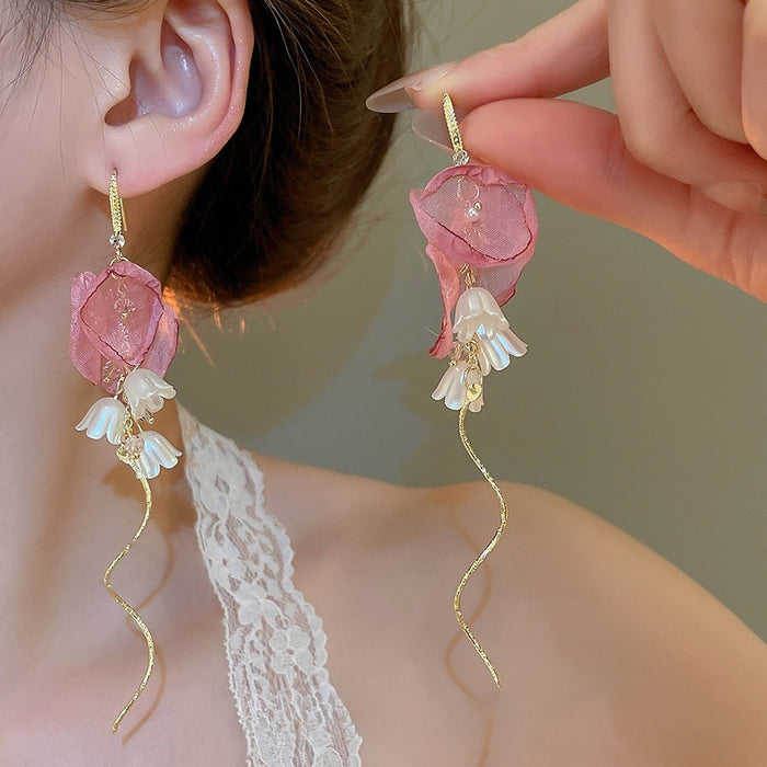 Sweet Floral Zircon Fabric Flower Pearl Tassel Drop Earrings For Women