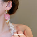 Sweet Floral Zircon Fabric Flower Pearl Tassel Drop Earrings For Women view 3