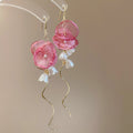 Sweet Floral Zircon Fabric Flower Pearl Tassel Drop Earrings For Women view 2