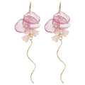 Sweet Floral Zircon Fabric Flower Pearl Tassel Drop Earrings For Women view 5