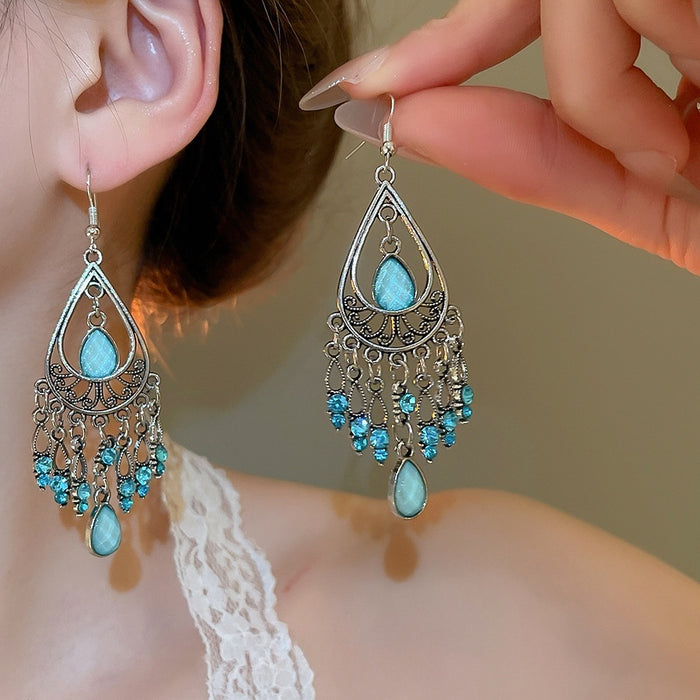 Vintage Alloy Rhinestone Teardrop Tassel Drop Earrings Bohemian Chic Fashion Jewelry