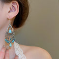 Vintage Alloy Rhinestone Teardrop Tassel Drop Earrings Bohemian Chic Fashion Jewelry view 3