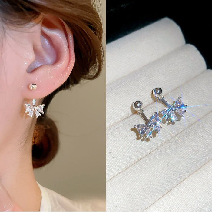 Copper Zircon Bow Pendant Drop Earrings For Women Sweet Designer Niche Style