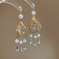 French Vintage Copper Teardrop Pearl Drop Earrings With Rhinestone Hollow Design view 2