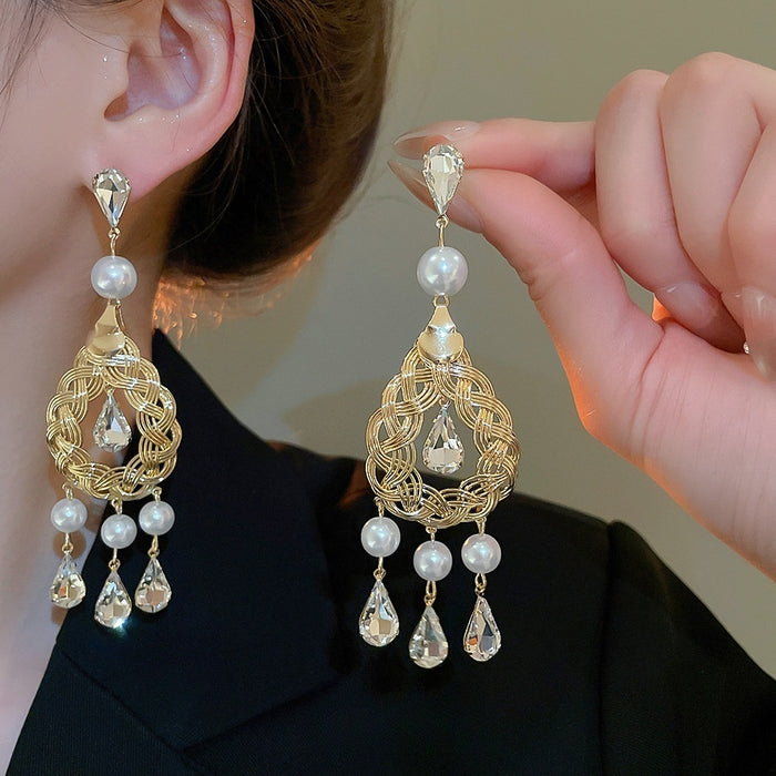 French Vintage Copper Teardrop Pearl Drop Earrings With Rhinestone Hollow Design