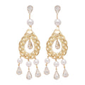 French Vintage Copper Teardrop Pearl Drop Earrings With Rhinestone Hollow Design view 5