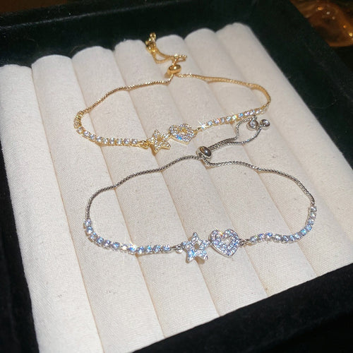 Light Luxury Copper Zircon Hollow Heart Star Bangle For Women Minimalist Fashion Jewelry