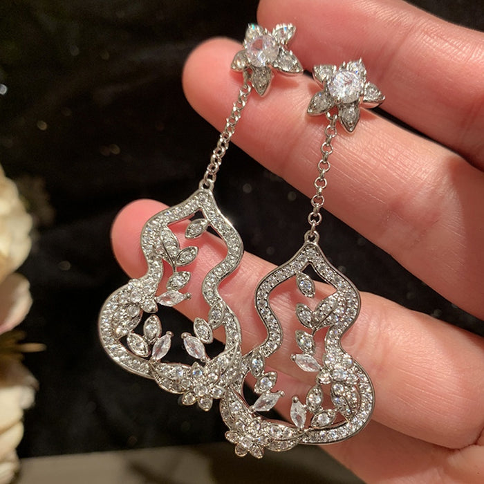 Chic Copper Zircon Flower Gourd Tassel Drop Earrings With Silver Needle Posts For Women